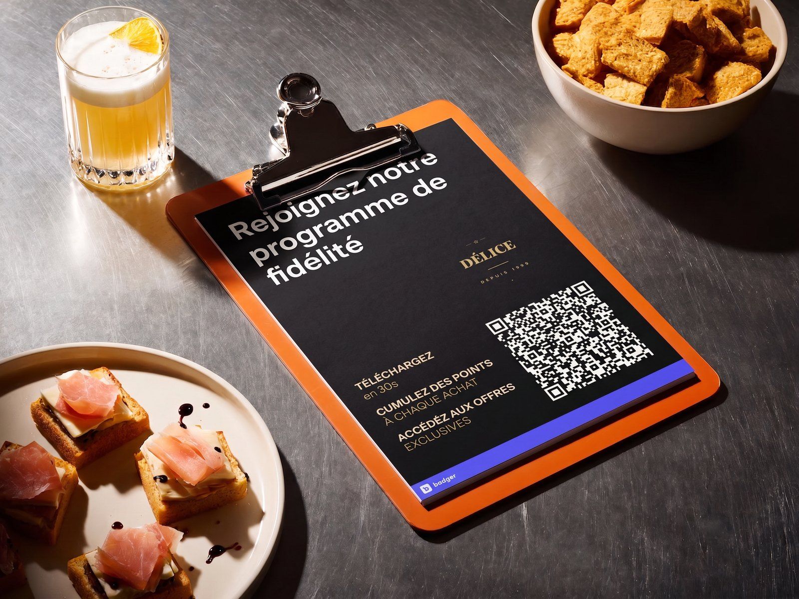 Le flyer Badger posé sur un comptoir : « Rejoignez notre programme de fidélité », avec le QR code à scanner