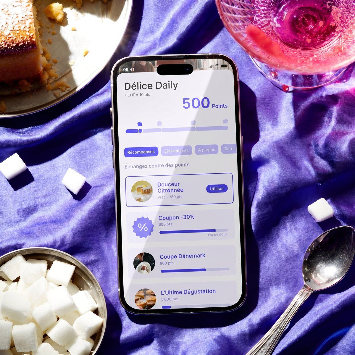 Le catalogue de récompenses de Délice Daily dans l’app Badger : un solde de 500 points et quatre récompenses à des prix différents