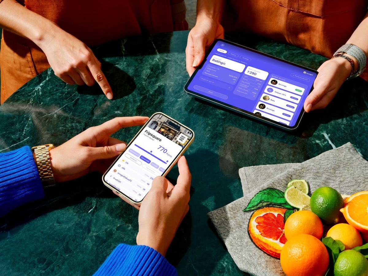 Côté commerce et côté client : la fiche d’une cliente sur tablette, son solde de points sur son téléphone