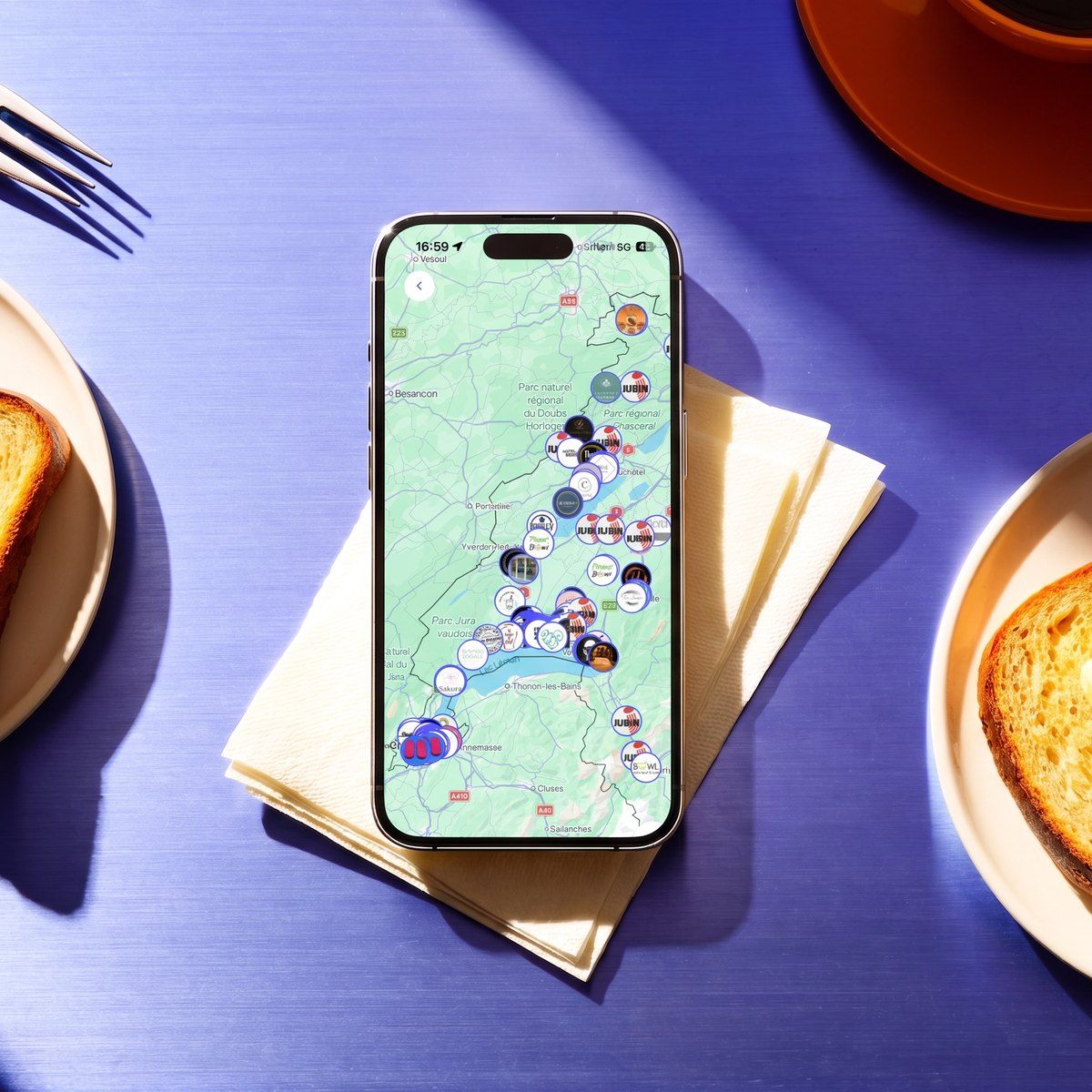 La carte de l’app Badger : les commerces du réseau posés sur la Suisse romande, chacun avec son enseigne