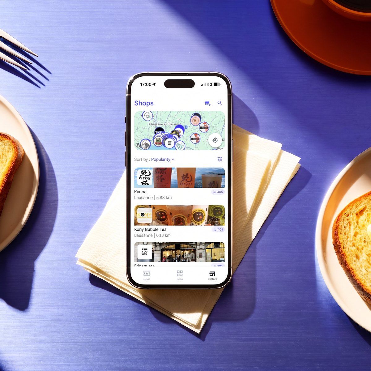 La liste des commerces dans l’app Badger : les enseignes proches, avec leur distance et leur nombre de clients