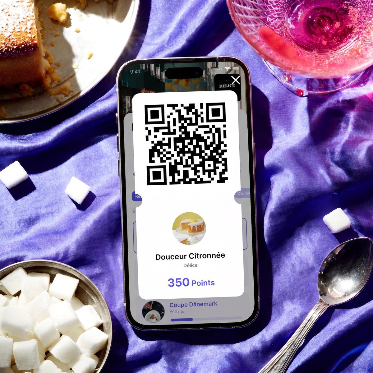 La récompense « Douceur Citronnée » prête à être utilisée dans l’app Badger, avec son QR à scanner et son prix de 350 points