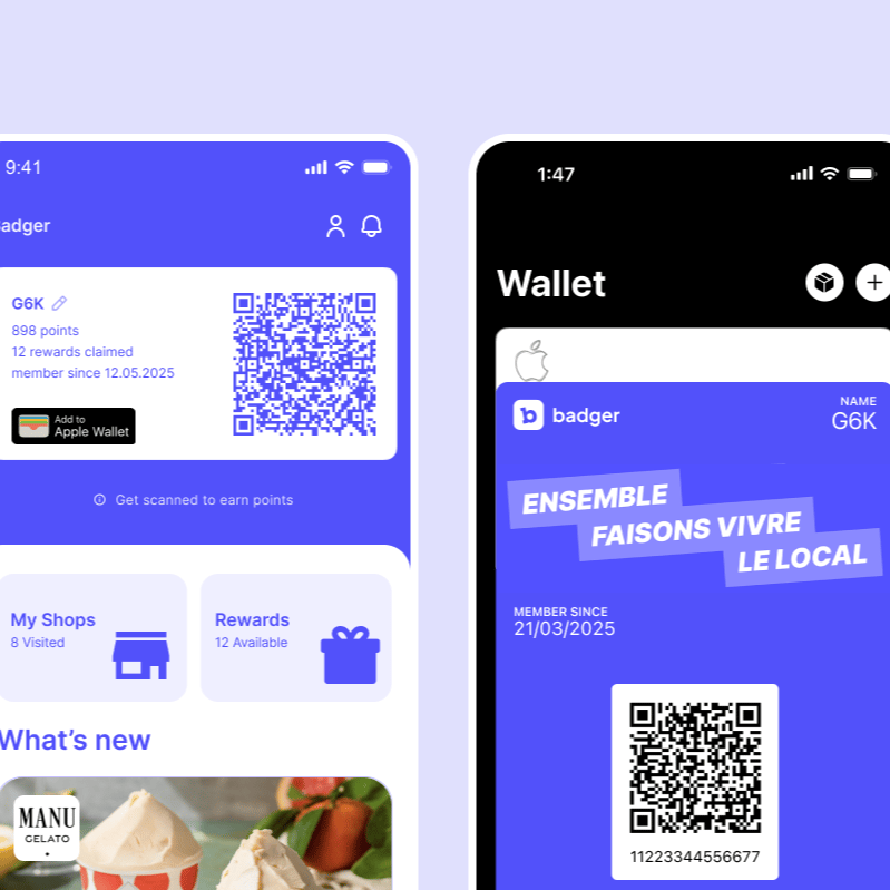 L’app Badger et son pass dans Apple Wallet : le bouton « Add to Apple Wallet » d’un côté, le pass et son QR de l’autre